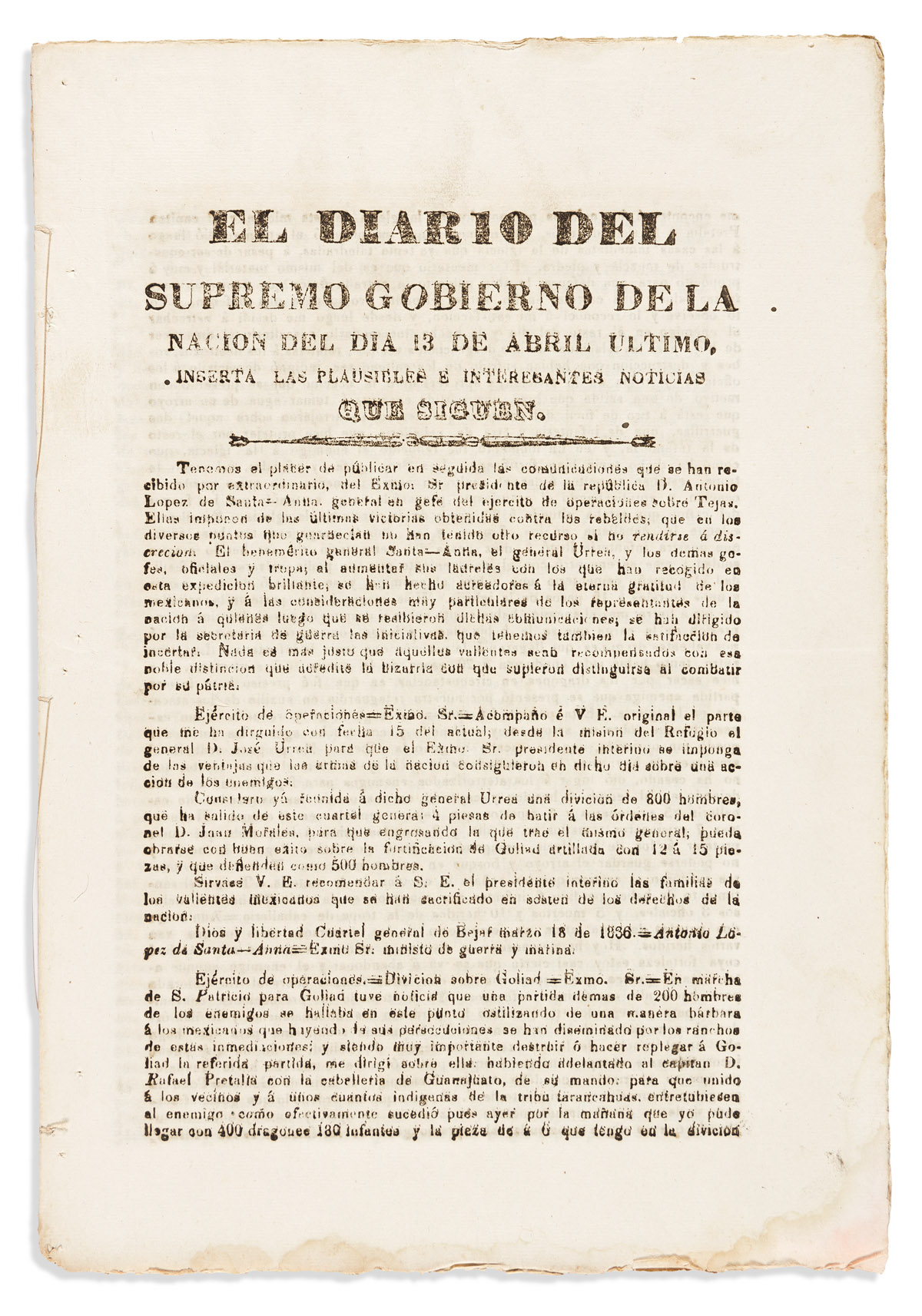 (WEST--TEXAS.) A Mexican compilation of key documents relating to Goliad and the Alamo.